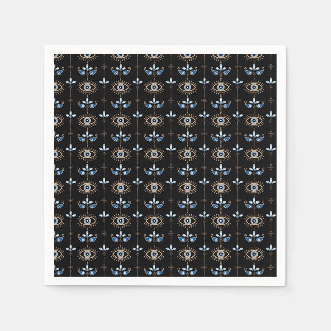 Black bohemian retro evil eye pattern napkin (Front)
