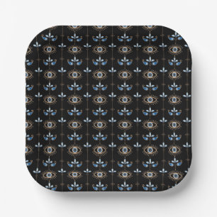 Black bohemian retro evil eye pattern paper plate