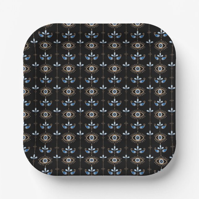 Black bohemian retro evil eye pattern paper plate (Front)