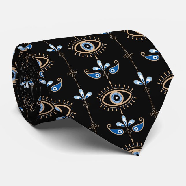 Black bohemian retro evil eye pattern tie (Rolled)