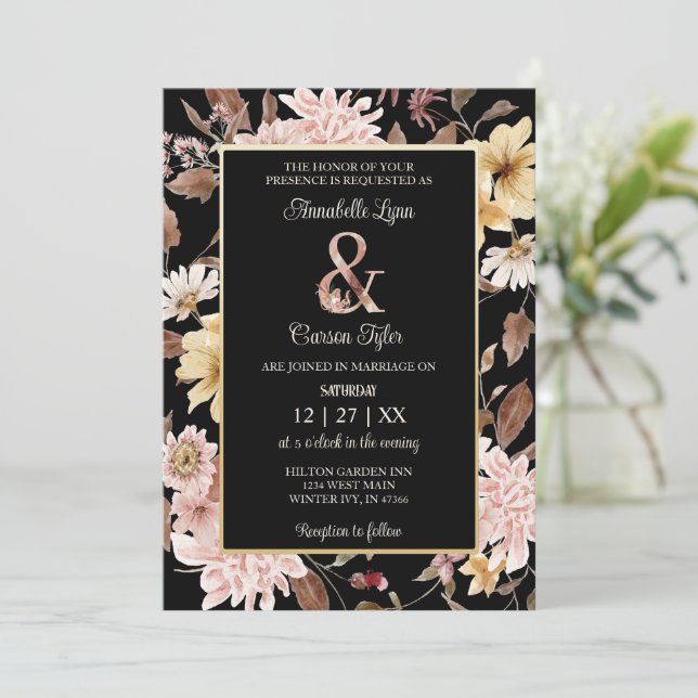 Black Boho Blooms & Bird Wedding Invitation  (Standing Front)