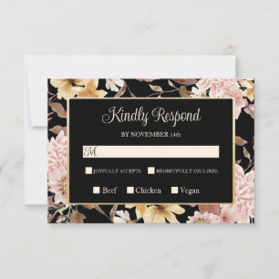 Black Boho Blooms & Bird Wedding RSVP Card