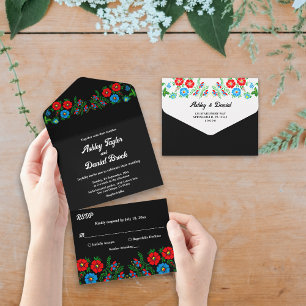 Black Boho Blue Red Roses Romantic Floral Wedding All In One Invitation