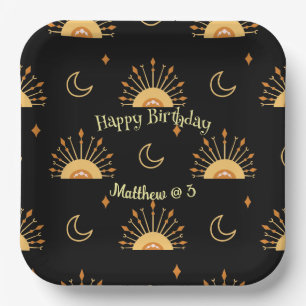 Black Boho Celestial Seamless Pattern Birthday Paper Plate