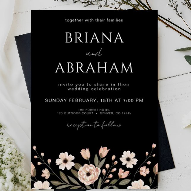 Black Boho Chic Floral Spring Garden Wedding Invitation (Creator Uploaded)
