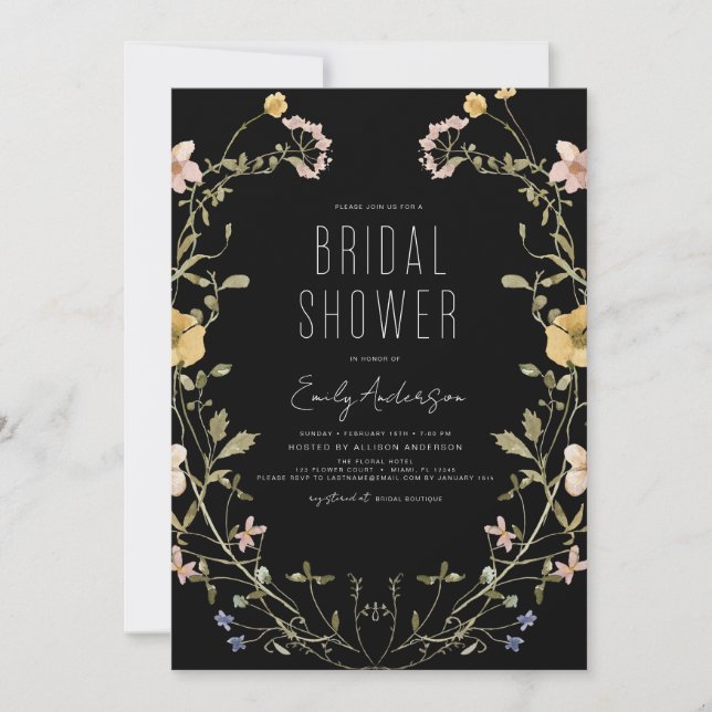 Black Boho Chic Wildflower Bridal Shower Elegant Invitation (Front)