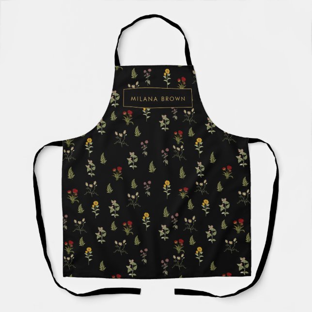 Black Boho Chic Wildflower Pattern Gold Name Apron (Front)