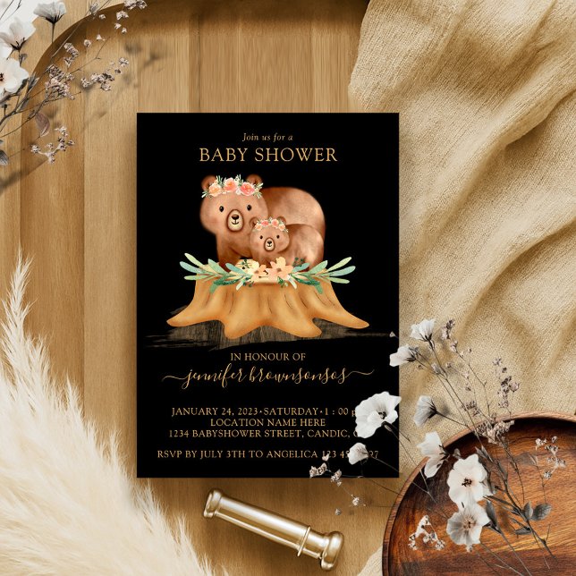 Black Boho Family Bear Mummy Baby Shower Invitation (Creator Uploaded)