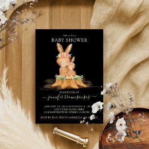 Black Boho Family Rabbit Mummy Baby Shower Invitation