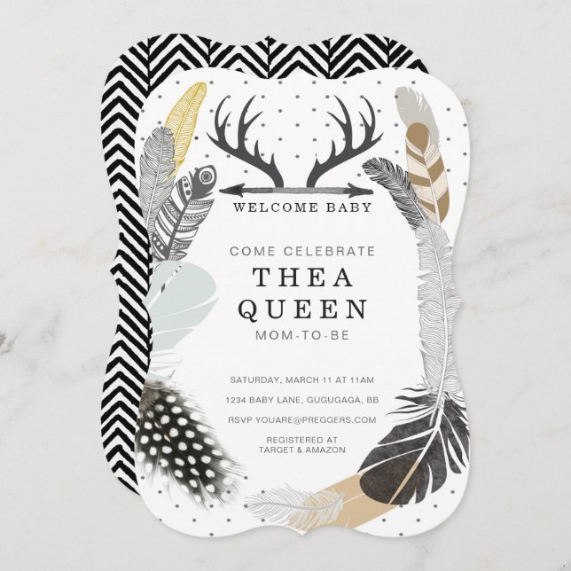 Black Boho Feather Baby Shower Invite (Front/Back)