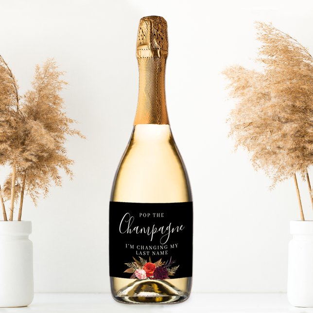 Black Boho Floral Bridal Shower Sparkling Wine Label (Creator Uploaded)