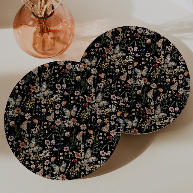 Black Boho Floral Paper Plate (Moody Black Boho Floral Paper Plates by Painted Paperie)