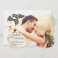 Black Boho Floral Peacock Photo Save The Date Card