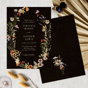 Black Boho Floral Wedding Invitation