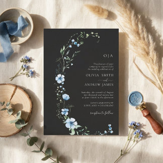 Black Boho Floral Wedding Invitation | Moody Blue