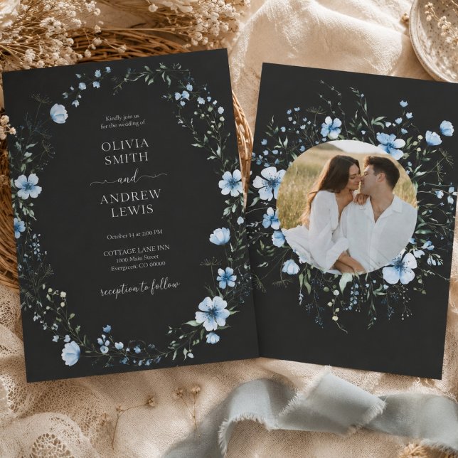 Black Boho Floral Wedding Invitation | Moody Blue  (Creator Uploaded)