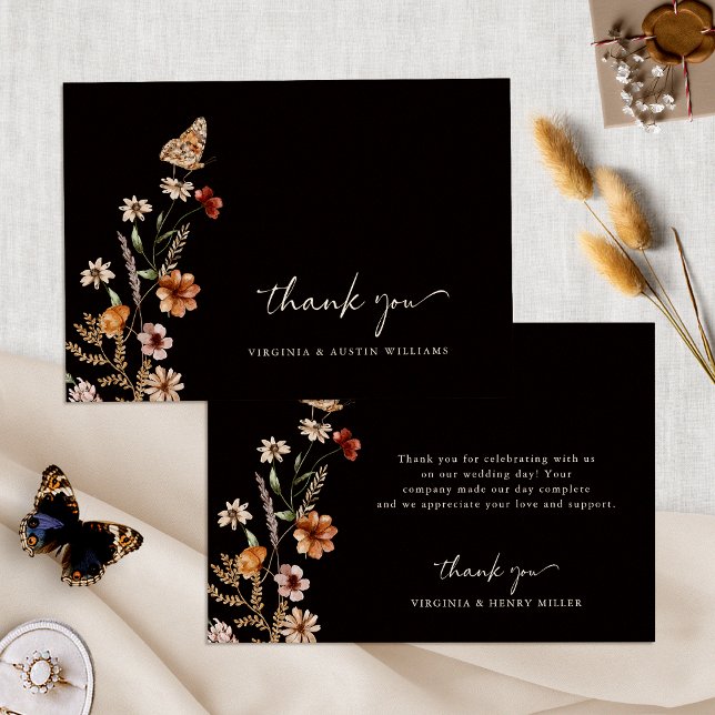 Black Boho Floral Wedding Thank You Card (Black Boho Floral Wedding Thank You Card with Butterfly by Painted Paperie
)