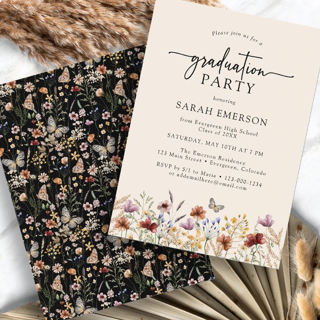 Black Boho Graduation Invitation (Black Wildflower Boho Graduation Invitation with Butterfly by Painted Paperie
)