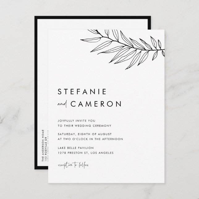 Black Boho Minimalist Foliage Wedding Invitation Postcard (Front/Back)