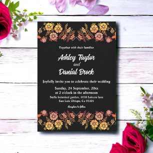 Black Boho Neon Roses Romantic Floral Wedding Invitation