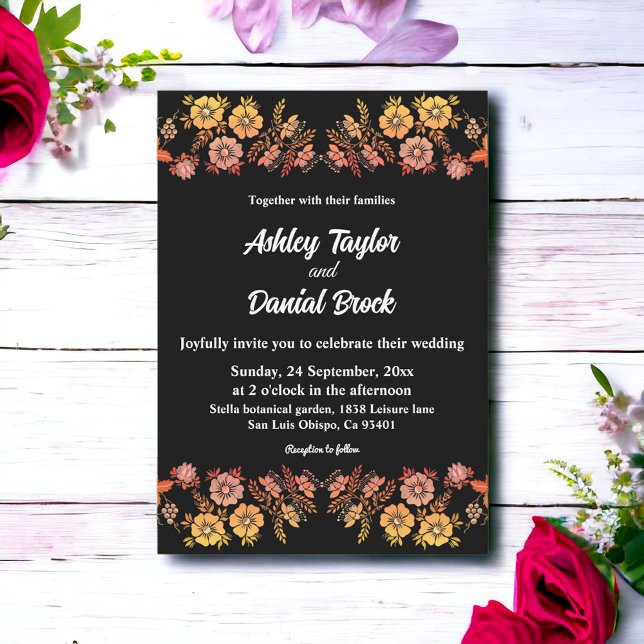 Black Boho Neon Roses Romantic Floral Wedding Invitation (Creator Uploaded)