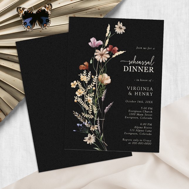 Black Boho Rehearsal Dinner Invitation (Moody Black Boho Rehearsal Dinner Invitation by Painted Paperie
)