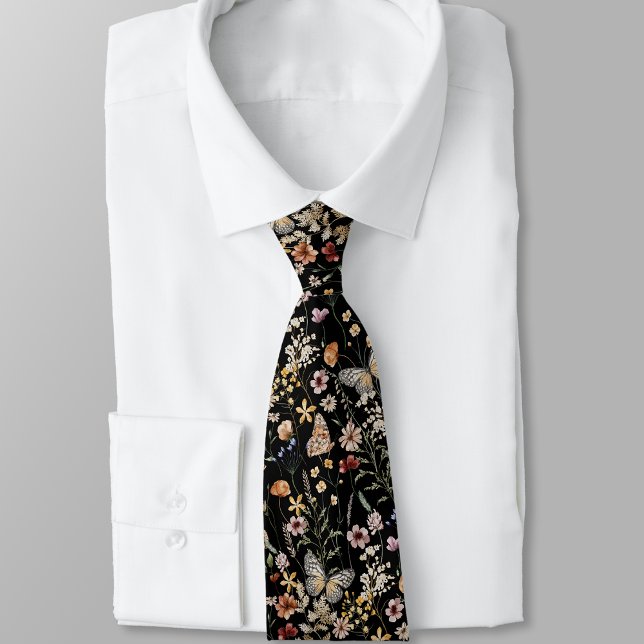 Black Boho Tie (Black Boho Floral Neck Tie with Butterflies by Painted Paperie
)