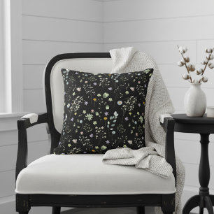 Black Boho Watercolor Floral Pattern Cushion