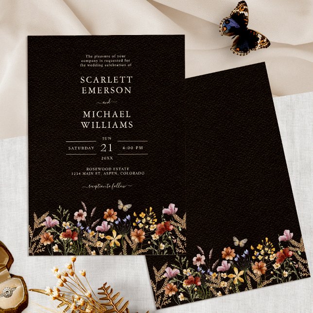Black Boho Wedding Invitation (Black Boho Floral Wedding Invitation with Butterfly by Painted Paperie
)