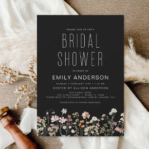Black Boho Wildflower Bridal Shower Invitation