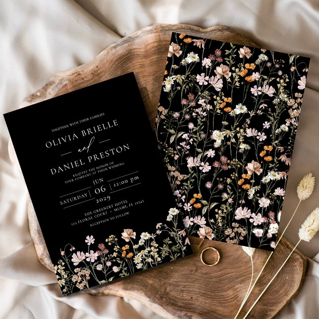 Black Boho Wildflower Garden Wedding Invitation (Creator Uploaded)