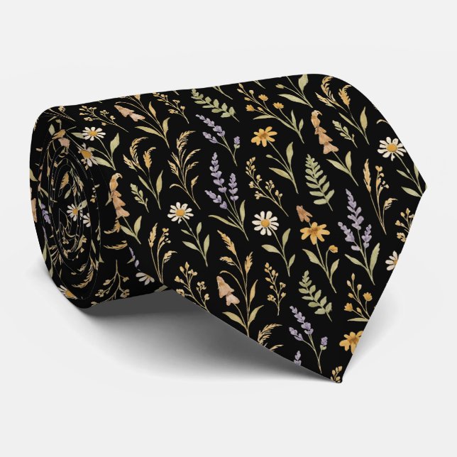 Black Boho Wildflower Meadow Floral Tie (Rolled)