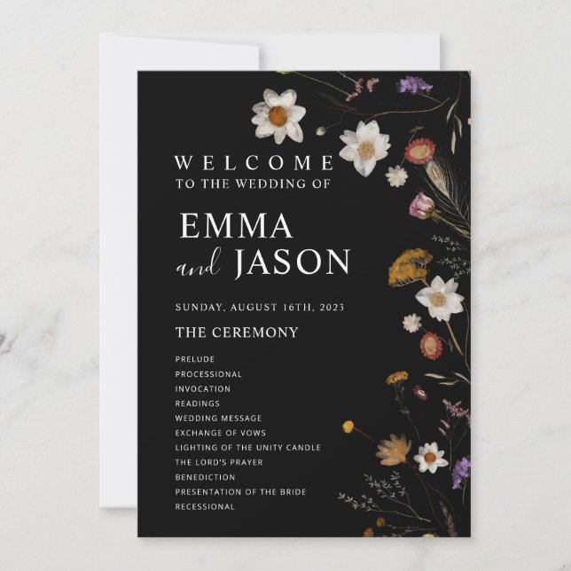 Black Boho Wildflower Wedding Program Invitation (Front)