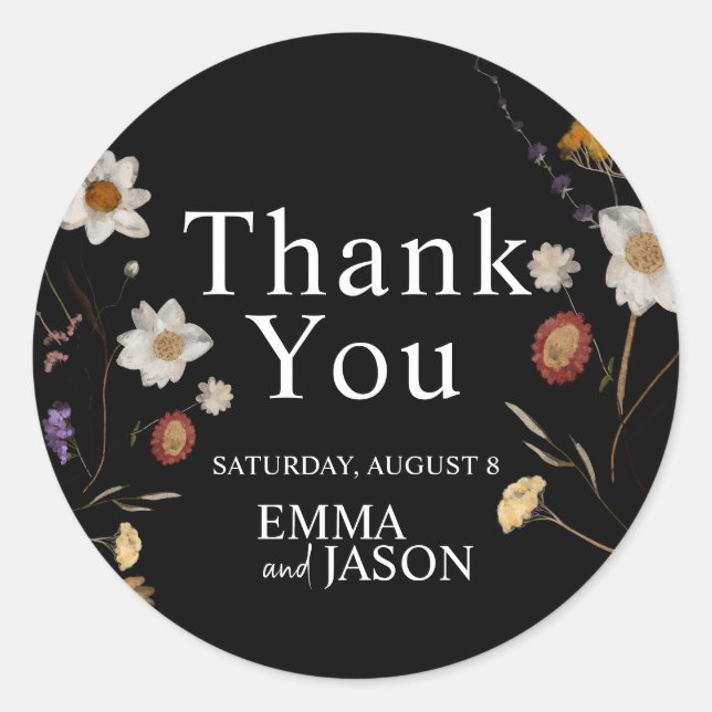 Black Boho Wildflower Wedding Thank You Sticker (Front)