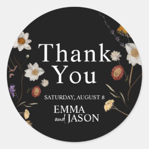 Black Boho Wildflower Wedding Thank You Sticker