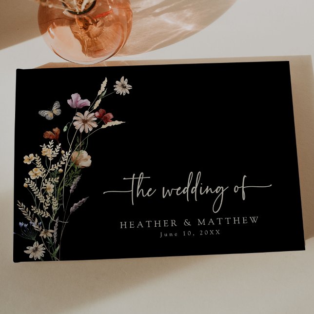 Black Boho Wildflowers Wedding Guest Book (Watercolor Black Boho Wildflowers Wedding Guest Book Butterfly by Painted Paperie
)