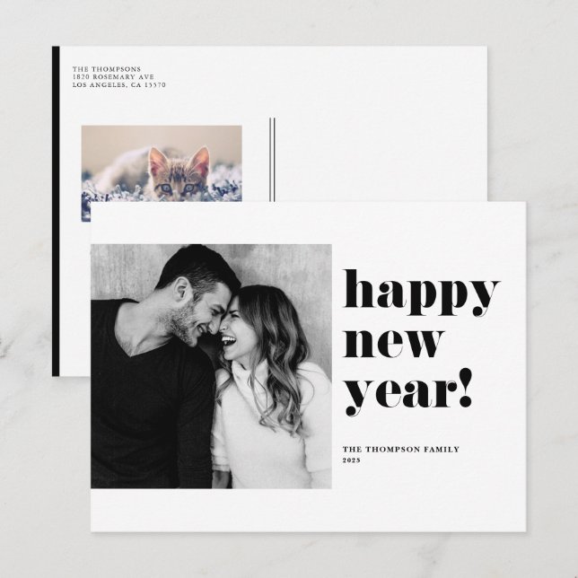 Black Bold Bold Typography Happy New Year Photo Holiday Postcard (Front/Back)
