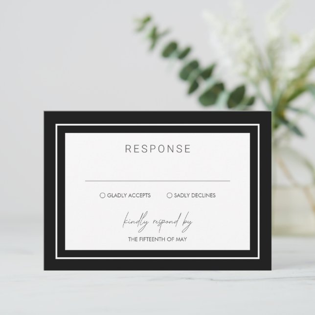 Black Bold Border Modern Wedding RSVP Card (Standing Front)
