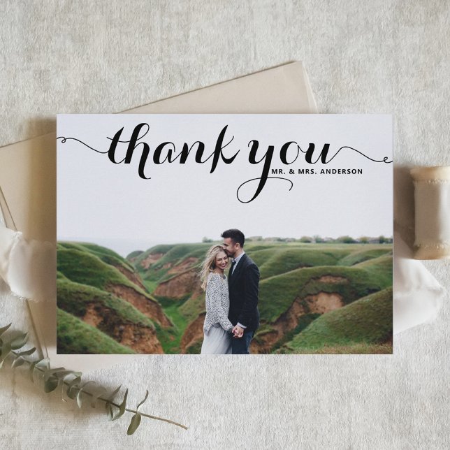 Black Bold Calligraphy Modern Photo Wedding Thank You Card (Creator Uploaded)