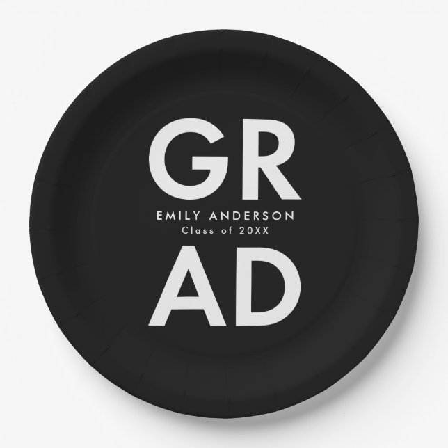 Black | Bold Grad Graduation Paper Plate (Front)