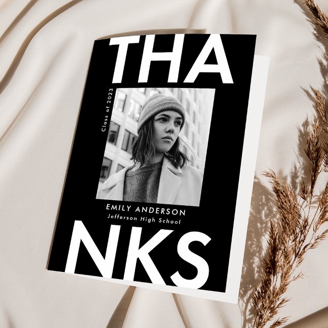 Black | Bold Grad Photo Graduation Thank You Card (Creator Uploaded)