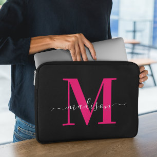 Black & Bold Hot Pink Monogram Initial Girly  Laptop Sleeve
