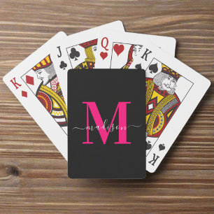 Black & Bold Hot Pink Monogram Name Family Playing Cards