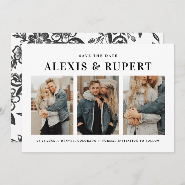 Black Bold Minimalist Typography Photo Collage Save The Date (Front/Back)