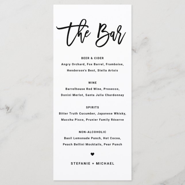 Black Bold Modern Calligraphy Wedding Bar Menu (Front)