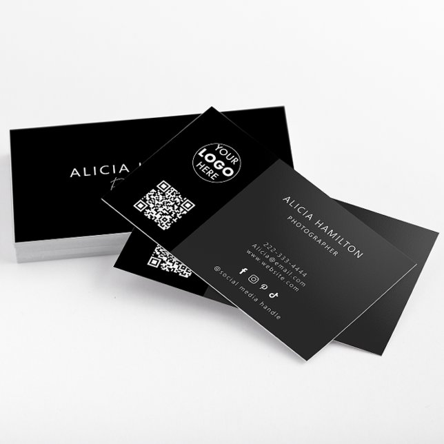 Black & Bold | QR Code & Logo | Sleek, Modern Business Card (A sleek black minimalist business card design which features customisable QR Code & logo.)