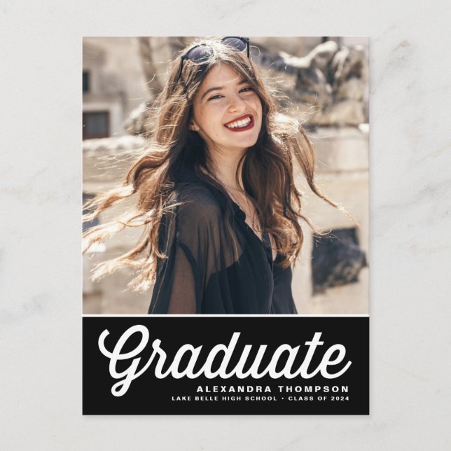 Black Bold Retro Script Photo Graduation Postcard (Front)