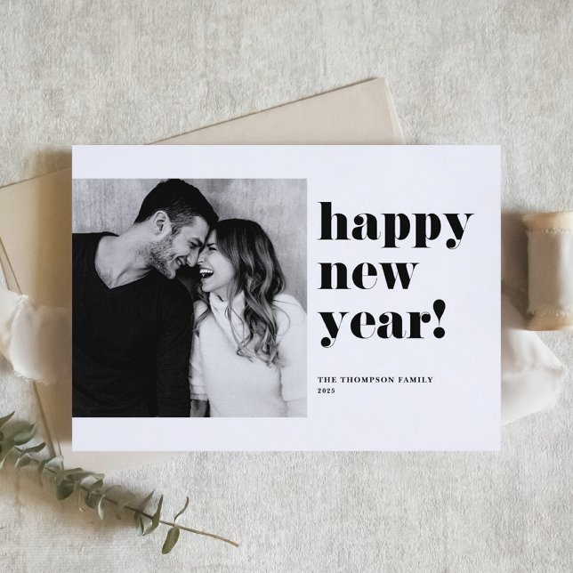Black Bold Typography Photo Happy New Year 2025 Holiday Card (Creator Uploaded)