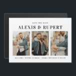 Black Bold Typography Three Photo Save the Date Magnetic Invitation<br><div class="desc">Show off your style with this customisable photo Save the Date magnet featuring bold retro typography and a three-photo layout. Add your names, wedding date, and location alongside three of your favourite photos to create a unique and memorable announcement. The retro type adds a fun, vintage-inspired vibe, while the multi-photo...</div>