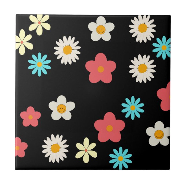 Black Bold Y2K Wildflower Vibrant Spring Decor Tile (Front)